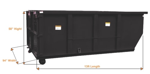 an image of a black Dumpster Rental with measurements.